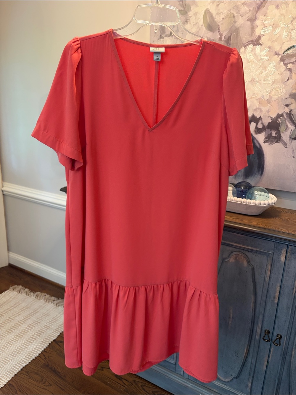 V-Neck Short Sleeve Mini Dress in Coral